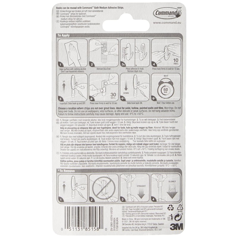 Command Designer Bath Hooks, Medium, White, 2-Hooks with Water-Resistant Strips