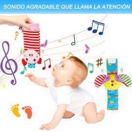 4 Piezas Sonajero Calcetines y Muñequeras, Sonajeros de Muñeca Animales Lindos, Juguete Sensorial con Sonaja, Sonajeros para Manos y Pies Sonido Estimulante Temprano y Colores Brillantes (D)