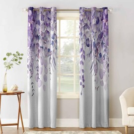 Purple Eucalyptus Blackout Curtains 84 Inches Long for Bedroom,Thermal Insulated Room Darkening Black Out Window Curtain Panels Living Room Grommet Drapes,Romantic Elegant Flower Leaves Herbs 84x84