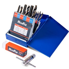 HIGHFIRE 18pcs SAE Drill and Tap Set with 1 Piece T-Handle Ratchet Tap Wrench Capacity Range #0-1/4", Black and Gold Premium HSS Jobber Length Drill Bits and Hand Plug Taps with Metal Indexed Box