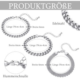 Pack of 3 Silver Men's Bracelets, Stainless Steel Men's Stacking Bracelets, Fashion Jewellery, Birthday Gifts for Men, Eine Grösse, Stainless Steel, No Gemstone