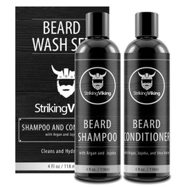 Beard Shampoo and Beard Conditioner for Men, Naturally Derived Ingrediets Beard Wash Set Cleanse Softens & Conditions with Organic Argan and Jojoba Beard Oils, Sulfate & Paraben Free - Striking Viking