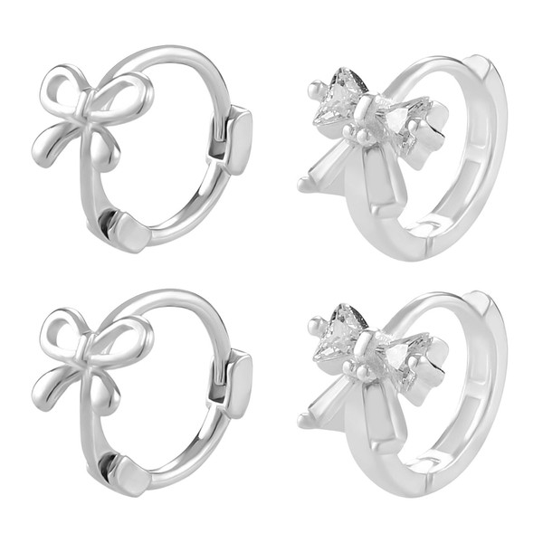 2 Pairs Bow Hoop Earrings, Sliver Small Bow Knot Hoop