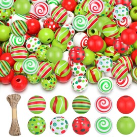 Vercraft 240 Pcs Christmas Wooden Beads with Jute Twine Red Green Round Craft Beads 10 Styles Wood Christmas Spacer Beads for Xmas DIY Craft Garland Decoration Jewelry Making