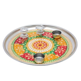 Pooja Thali Plate Engagement Plate Decorative Puja Thali with Essential Pooja Articles for Aarti Pooja Indian Traditional Festival Navratri Pooja Decoration (Size- 11 Inches)