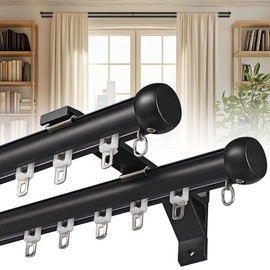 Double Curtain Rod for Windows, Heavy Duty Drop Curtain Dual Track with Aluminum Brackets Wall Mount, Silent Curtain Rails System for Room Divider Living Room Bedroom Hospital (Black, 1m(3.3ft)