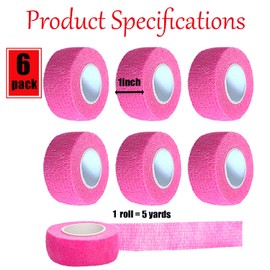 Kuanfine 6 Pack 1 Inches Self Adhesive Bandage Wrap Vet Wrap for Pets, Stretch Self Adherent Tape Cohesive Wrap for Athletic, Sports, Wrist and Ankle(Pink)