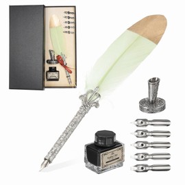 PATIKIL Feather Quill Pen Set, 1 Set Vintage Feather Calligraphy Pen Fountain Dip Pen Set with Ink, Pen Holder and Replacement Nibs for Beginner Writer Writing Gift, Mint Green