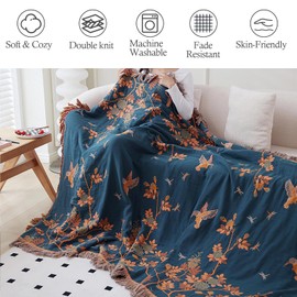 Snycler Boho Throw Blanket for Bed, 100% Organic Cotton Muslin Soft Throw-Floral Bird Farmhouse Rustic Spring Summer Fall Decor Blanket for Couch Sofa Quilt and Gift, 80" x 90" Orange
