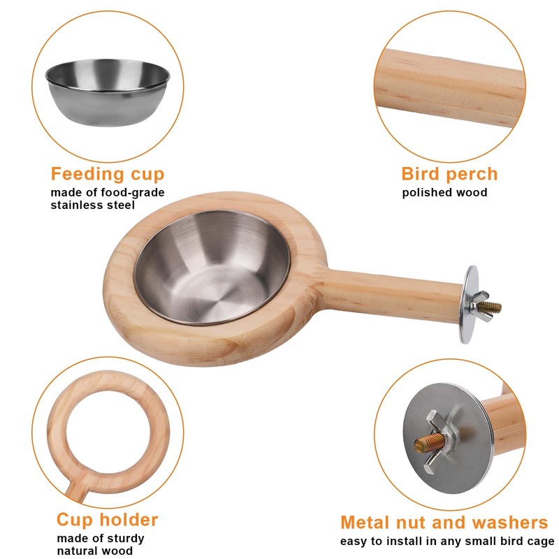 Bird Perch with Feeding Cup, Wood Stand and Cage Accessories