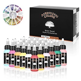 SAGUDIO Acrylic Airbrush Paint 24 Colors (30 ml/1 oz) Basic Colors with Color Wheel Ready to Air Brush Painting Set, Water Based Waterproof Quick Drying for Airbrush Model, Shoes, Leather, Wall.