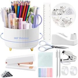 Office Desk Accessories, 15pcs White Office Supplies 360°Pen Holder Desk Organizers and Accessories with White Stapler and Tape Dispenser Set, Cute Desk Accessories for Women Gift Set