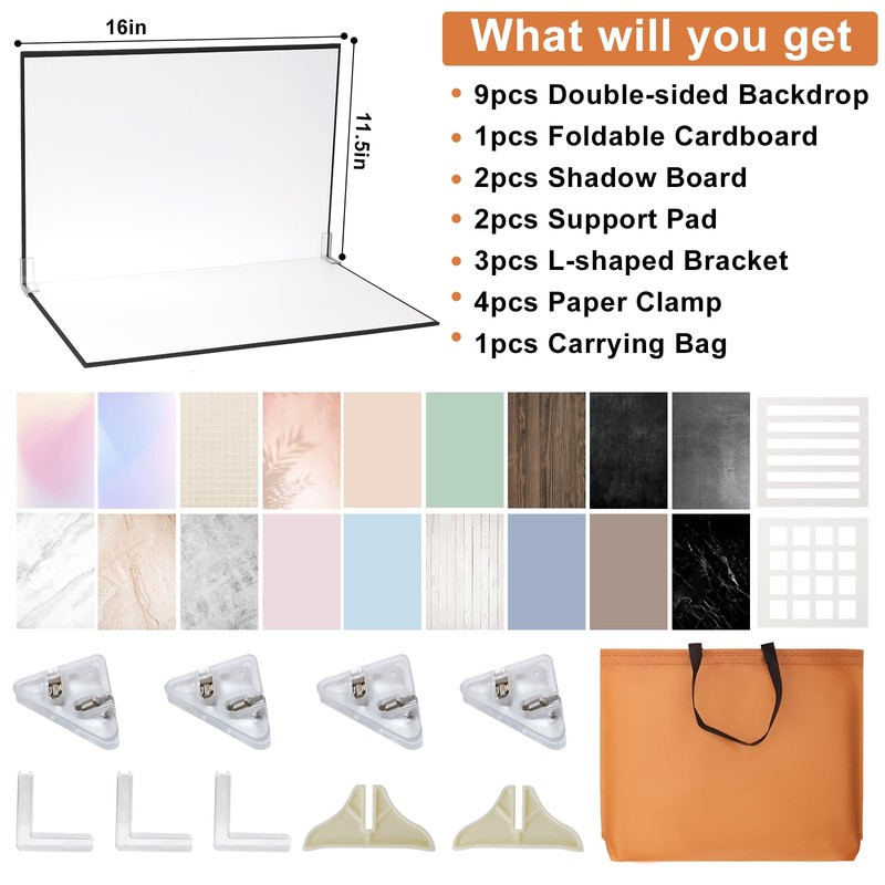 Product Photography Backdrops with Shadow Boards, 9Pcs 18 Curated Patterns