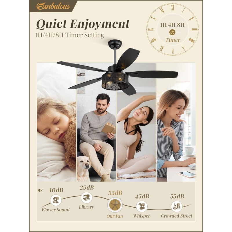 52 Inch Farmhouse Ceiling Fan with Light and Remote, Black