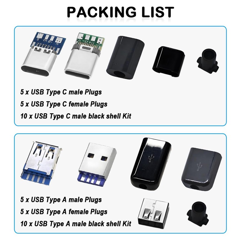 ZHUROUPU 20PCS USB 3.1 Typ-c weiblich männlich Lötkabel Stecker PCB