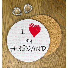 Round Novelty Coaster with Romantic Love Message - I Heart Design - Unique Birthday Gift- Made in UK (I Heart My Husband)