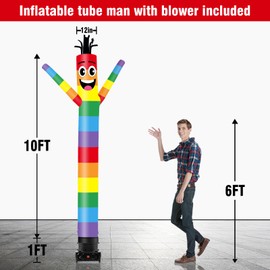 GOODENY 10FT Tall Inflatable Tube Man Rainbow Wacky Wavy Dancing Guy with 3/4 HP Weather-Resistant Blower (12''Diameter) for Outdoor Decoration Advertising Business Promotion