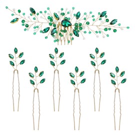 inSowni 7 Pieces Vintage Party Prom Wedding Bridal Emerald Green Beads Crystal Hair Side Combs+Rhinestone U-shaped Hair Pins Headpieces for Brides Bridesmaids Women Girls