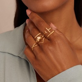 GNIRTSI Gold Parallel Bar Ring for Women Asymmetrical Double T Line 14K Gold Plated Minimalist Stack Thin Band Open Finger Jewelry Size 7