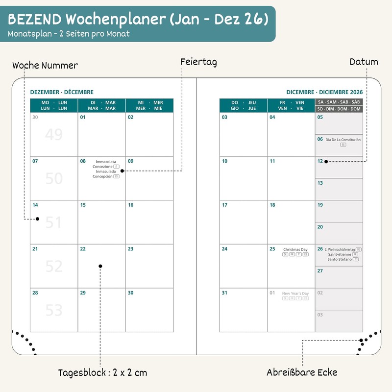BEZEND Taschenkalender 2026 Klein A7 12 x 8 cm -