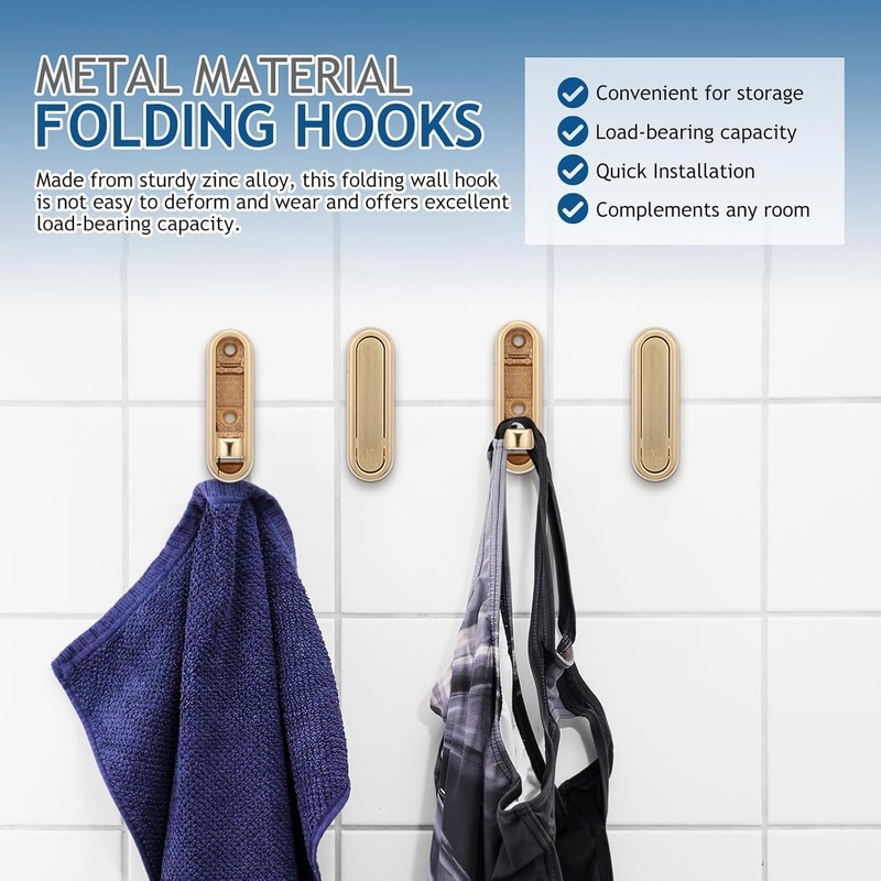 miyonsin Gold Foldable Wall Hooks, Metal Foldable Hooks Wall Wount
