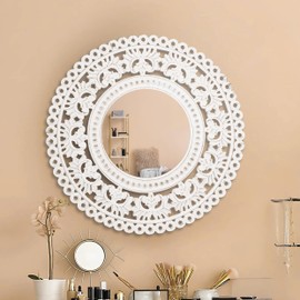 Homebia Designs Round MDF Wood Carved Wall Mirror with Antique White Finish - Elegant Decorative Mirror for Living Room, Bedroom, and Entryway - 24 Inch - White Antique