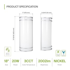 ASD 18 Inch LED Outdoor & Indoor Wall Mount Light Fixture with Motion Sensor - Brushed Nickel Wall Sconce Lighting - 20W 120-277V 3000K 4000K 5000K Exterior Lights - Front Door & Patio - ETL