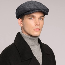 Mens Newsboy Cap High Woolen Tweed Gatsby Hat Ivy Cabbie Flat Golf Cap for Fathers Women Unisex, Plaid-dark Grey, 7-7 1/8