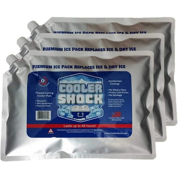 Cooler Shock Reusable Ice Packs (Set of 3) - Long Lasting Cold Freezer Packs for Large Coolers & Lunch Bags - Compress for Knee Injuries, Back Pain Relief, Post-Surgery Accessories