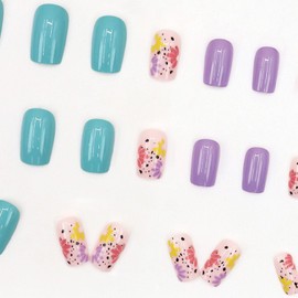 Press on Nails Short Square Fake Nails Colorful with Daisy Design Glossy Glue on Nails Full Cover Summer Floral False Nails Artificial Acrylic Nails for Women Girls for Women Girls 24Pcs