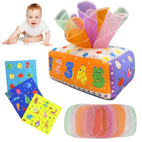 Ushomin Baby Tissue Box Toy, Montessori Toys for Babies 6 to 12 Months, Magic Tissue Box Baby Gifts with Soft Silk Scarves and Crinkle Paper, Sensory Tissue Box Baby Toy for 1 Year Old Kids