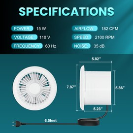 HG Power 6 Inch Bathroom Exhaust Fan One-Way Ventilation Fan with Backdraft Damper & Remote Control, 4-Speed 2100 RPM 182 CFM Low Noise Vent Fan for Kitchen, Toilet, Wall and Ceiling Mount