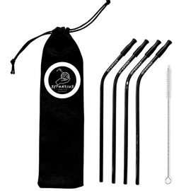 Metal Straws with Silicone Tip – 4-Pack Black Stainless Steel Straws with Straw Cleaner Brush, Silicone Tips, Storage Bag – 8.5-inch Metal Straws Reusable for Hot Coffee, Tumbler, Smoothies