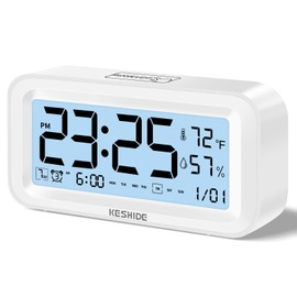 KESHIDE Night Light Digital Alarm Clock Battery Operated with Indoor Temperature Humidity, Desk Small Clock,Snooze Model,12/24H Display for Bedrooms Heavy Sleepers Kids Travel Bathroom (White)