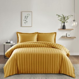 Imperial Rooms Duvet Cover Sets – Stripes Satin Quilt Cover Bedding Sets with Pillowcase, Reversible Ultra Soft Hypoallergenic Microfiber Bed Covers (Mustard, Single)