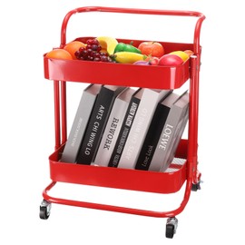 Uxcell 2-Tier Rolling Storage Cart with Handle and Lockable Wheels - Kitchen & Living Room Organizer, Red