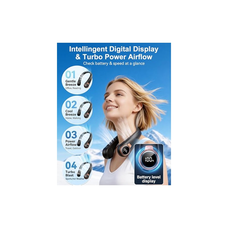 BNBZ Portable Neck Fan with LED Display and 360° Cooling