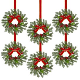 6 Pieces 10" Mini Christmas Wreath,Cabinet Wreaths for Kitchen, Red Berry Small Christmas Wreath with Red Velvet Ribbon, Farmhouse Wreath for Holiday Xmas Party Decorations