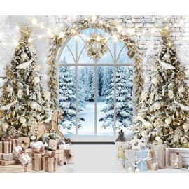 White Christmas Backdrops for Photoshoot Winter Window Christmas Photo Backdrop Xmas Tree Snow Forest Garland Toy Horse Backdrop Family Xmas Party Background Decor Photo Booth Props 10x8ft Vinyl