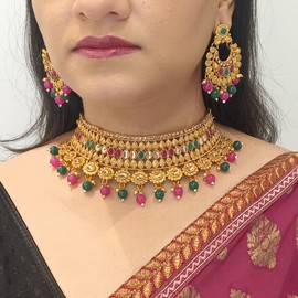 Efulgenz Indian Wedding Bridal Sets Red GreenTraditional Faux Kundan Crystal Stone Necklace Chaandbali Earrings with Maang Tikka Bollywood Indian Jewelry for Women, Copper, No Gemstone