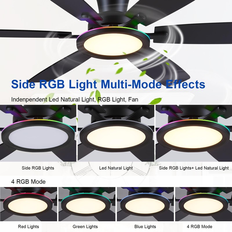 BYKISTOK 55in Black Flush Mount Ceiling Fan - RGB Low