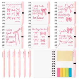 ANGOLIO 12Set Pink Bows Christian Bulk Gifts Christian Prayer Journal Notebook Gifts Pink Bows Bible Spiral Notebook with Sticky Note Motivational Ballpoint Pen for Women Teacher Back to School Favor