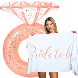 Bride Diamond Ring Pool Float & Towel Set Bachelorette Party Decoration Inflatable Diamond Bride Pool Float Bridal Shower Gifts Engagement Party Accessories Swimming Tube Wedding Photo Prop(Rose Gold)
