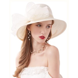 RZTA Women's Kentucky Derby Church Dress Hat Wide Brim Leaf Flower Bridal Shower Hat E1 Cream