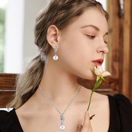 FFWTPY Jewellery Sets for Women Pearl Necklace and Earrings Set Wedding Jewellery Set for Brides Silver Pendant Necklace Bridal Rhinestone Dangle Earrings Jewelry Set for Mother Girls (Silver)