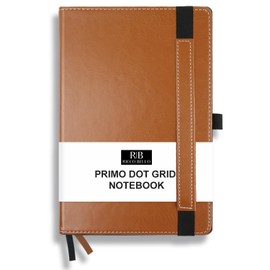 RICCO BELLO Primo Dotted Grid Journal Notebook, Faux Leather, Pen Holder, Numbered Pages, Index, Thick Paper, Ribbon Bookmarks, Expandable Storage Pocket 5.7 x 8.4 Inches (Brown)