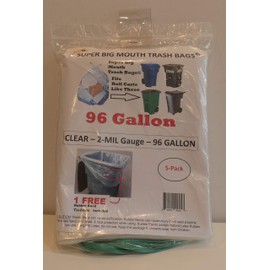 96 Gallon CLEAR Super Big Mouth Trash Bags - 2-MIL - 5-PACK Plus 1 Free Rubber Band Tie-Down