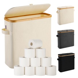 Toilet Paper Storage Basket with Lid for Mega Rolls, Large Bamboo Toilet Paper Organizer Storage Holder Stand for Bathroom, Enclosed Toilet Paper Tissue Storage Bin Box Container Free Standing, Beige