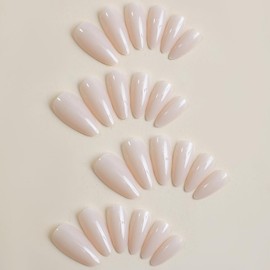 RIICFDD Acrylic Press on Nails Medium Almond Fake Nails Nude Full Cover Glue on Nails with Solid Color Designs Medium Stiletto Nails Glossy False Nails for Women and Girls 24 Pcs