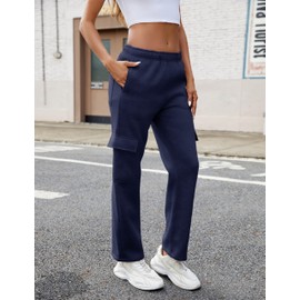 QIBABU Womens Fleece Cargo Sweatpants Casual Baggy Wide Leg Jogger Pants Athletic Open Bottom with Pockets(1777-NavyBlue-L-QB)